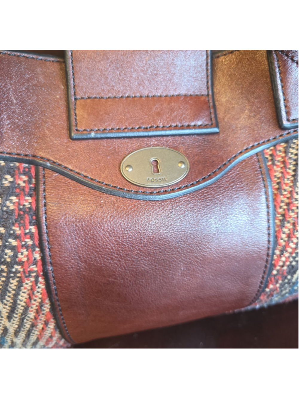 Fossil Leather Vintage And Tweed Satchel Shoulder Tote Bag - Picture 7 of 9